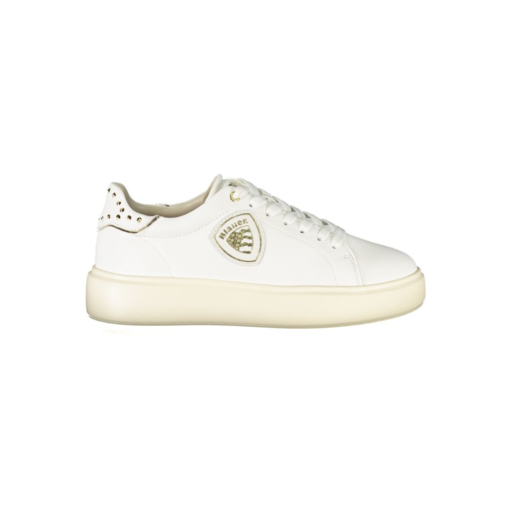 White Blauer polyurethane women's sneaker with platform sole, gold logo patch, and metallic heel studs.