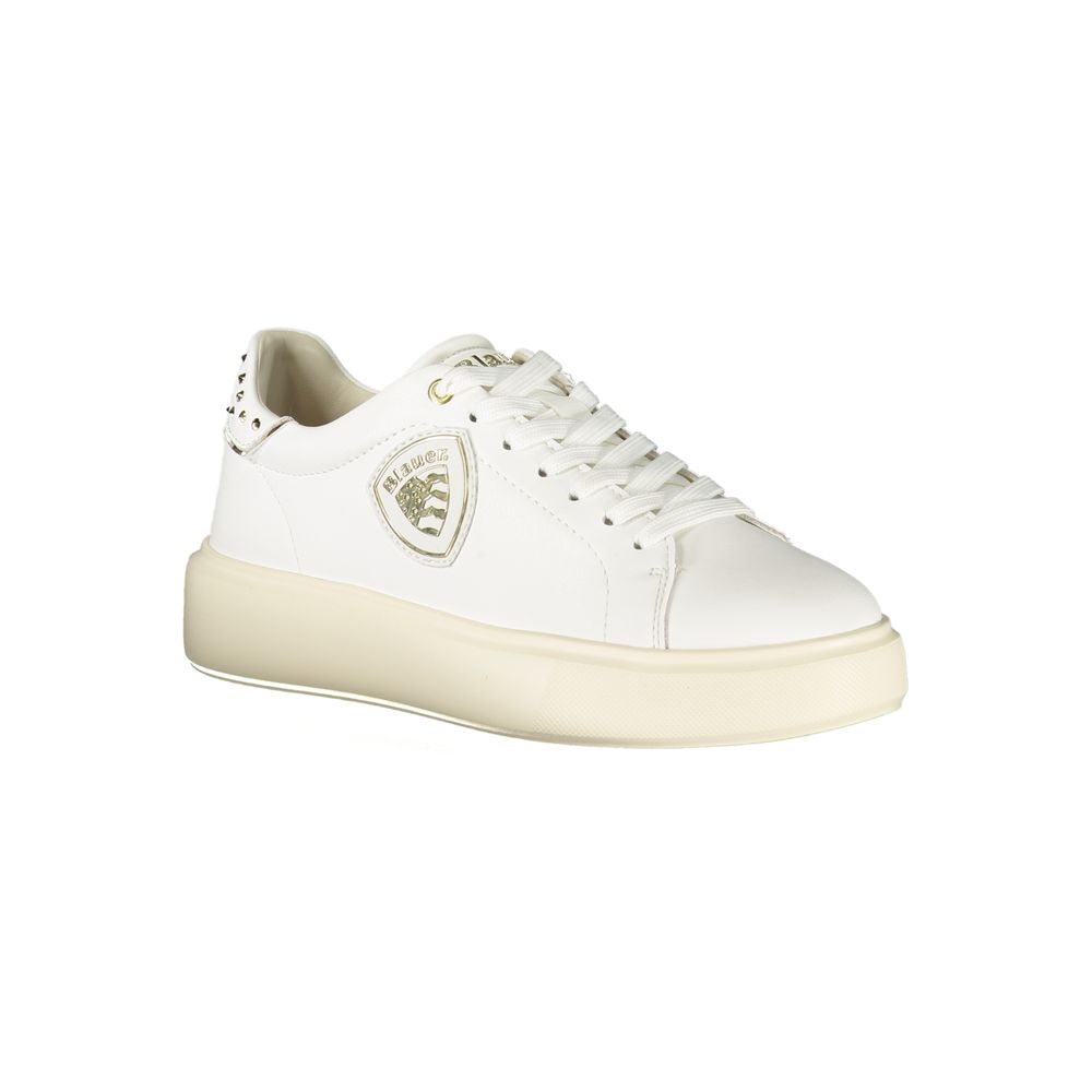 White polyurethane women's sneaker by Blauer with a thick platform sole, lace-up style, and logo emblem detail.