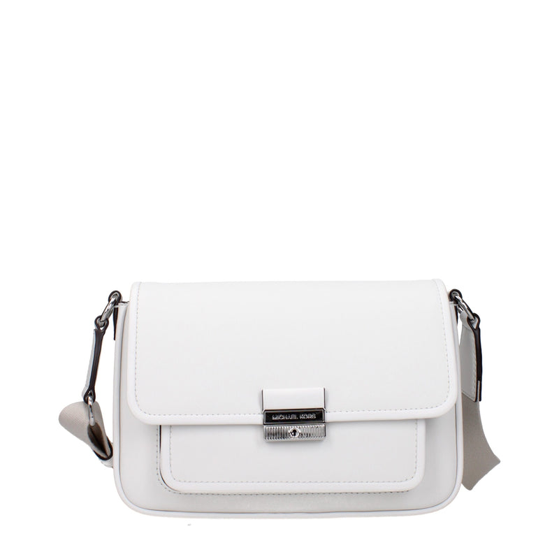 Michael Kors white leather crossbody bag with silver hardware and a front flap pocket