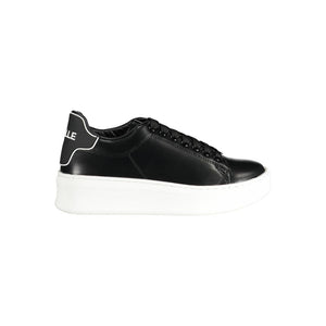Gaelle Paris women’s black polyurethane sneaker with lace-up front and a chunky white platform sole.