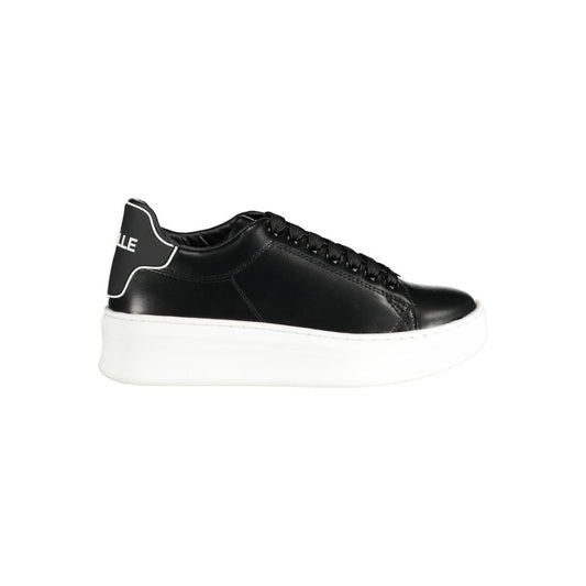 Gaelle Paris women’s black polyurethane sneaker with lace-up front and a chunky white platform sole.