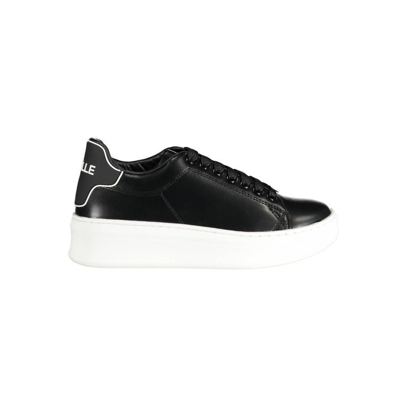 Gaelle Paris women’s black polyurethane sneaker with lace-up front and a chunky white platform sole.