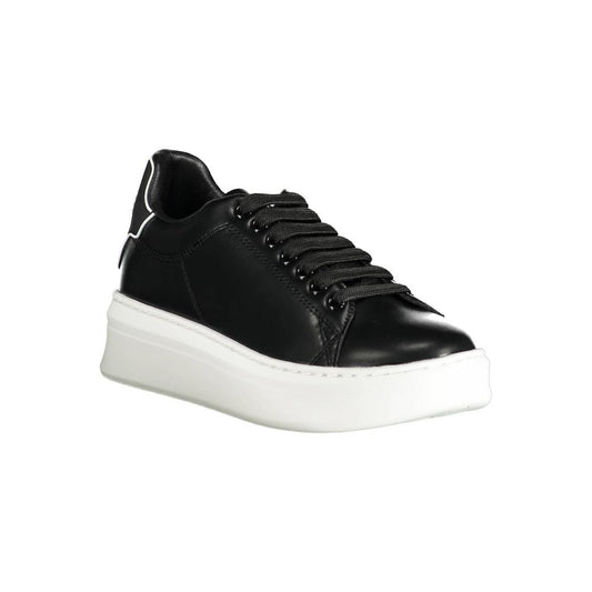 Gaelle Paris black polyurethane low-top platform sneaker with thick white rubber sole and matching black laces.