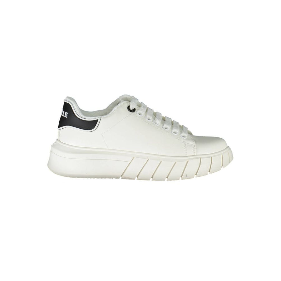 Gaelle Paris white polyurethane women's sneaker with lace-up closure and chunky sole featuring black heel detail.