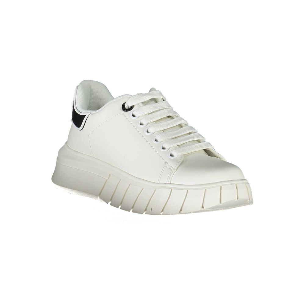 Gaelle Paris white polyurethane women's platform sneaker with chunky ridged sole and black heel tab detail.