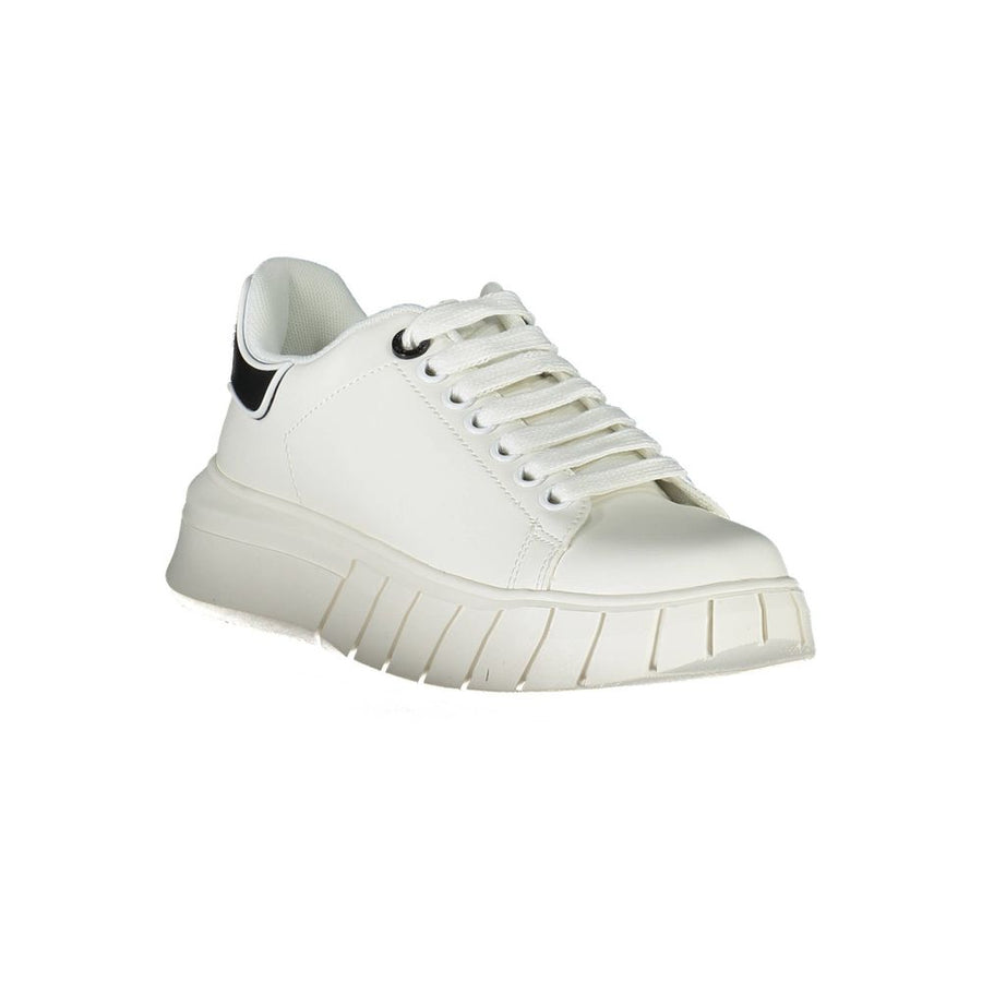 Gaelle Paris white polyurethane women's sneaker with lace-up closure and chunky sole featuring black heel detail.