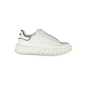 Gaelle Paris white polyurethane women’s lace-up sneaker with chunky sole and black heel tab accent.