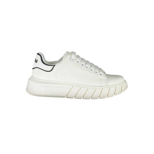 Gaelle Paris white polyurethane women’s lace-up sneaker with chunky sole and black heel tab accent.