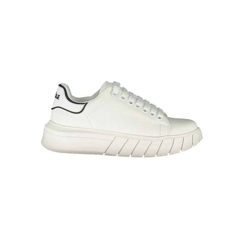 Gaelle Paris white polyurethane women’s lace-up sneaker with chunky sole and black heel tab accent.