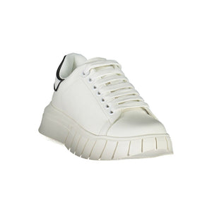 Gaelle Paris white polyurethane women's chunky platform sneaker with black heel tab detail and white lace-up closure.