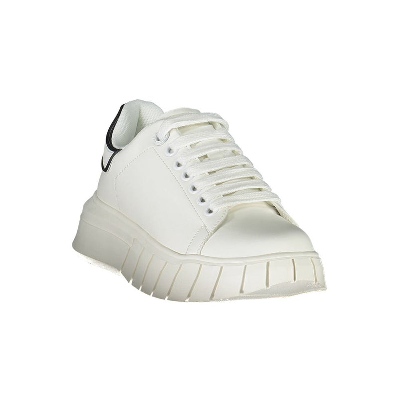 Gaelle Paris white polyurethane women's chunky platform sneaker with black heel tab detail and white lace-up closure.