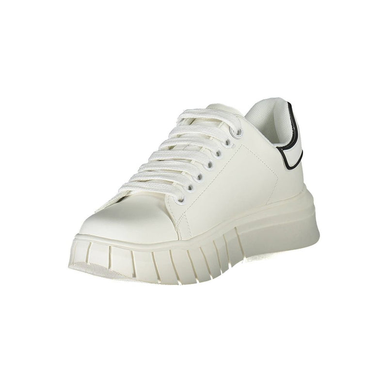 Gaelle Paris women’s white polyurethane chunky sneaker with thick ridged sole and black heel trim detail.