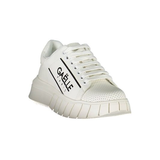 White Gaelle Paris low-top sneaker with perforated leather, chunky platform sole, and black logo branding on the side.