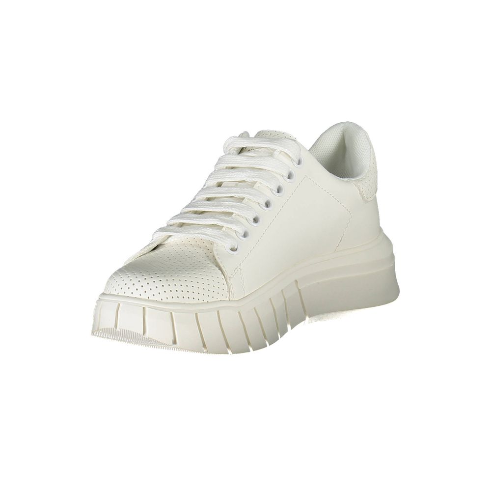 White low-top sneaker with a perforated leather-like upper, white laces, and a thick, textured platform sole.