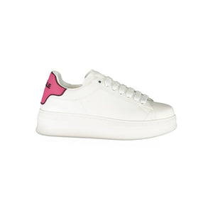 Gaelle Paris white polyurethane platform sneaker with a bright pink heel tab and lace-up closure.