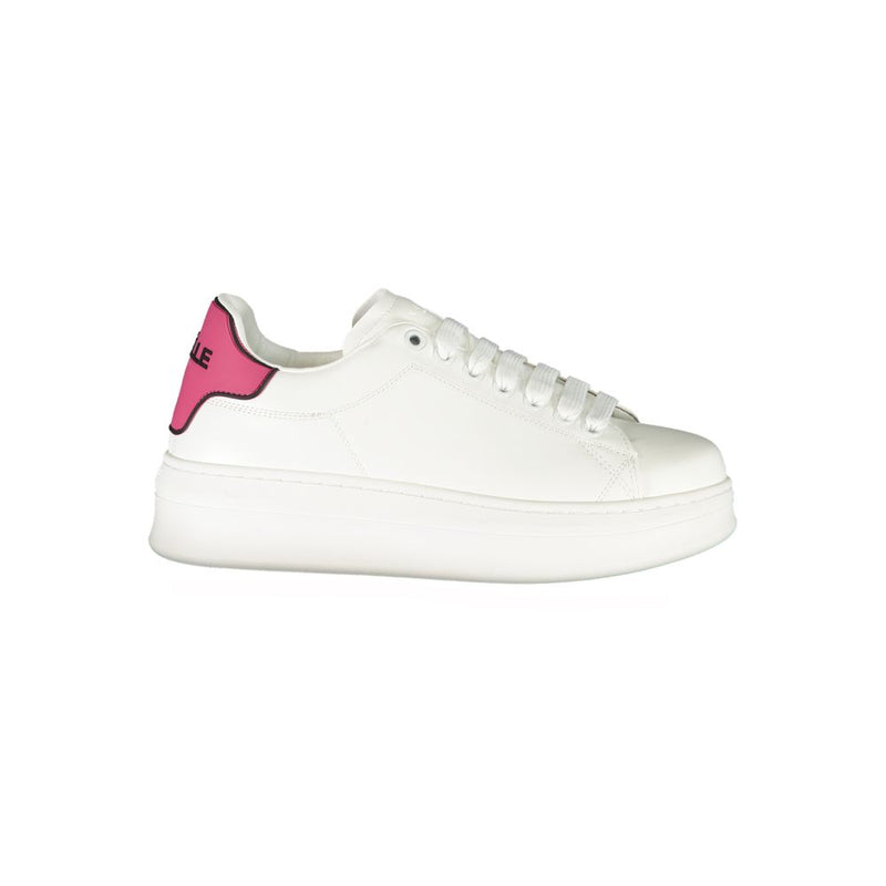Gaelle Paris white polyurethane platform sneaker with a bright pink heel tab and lace-up closure.