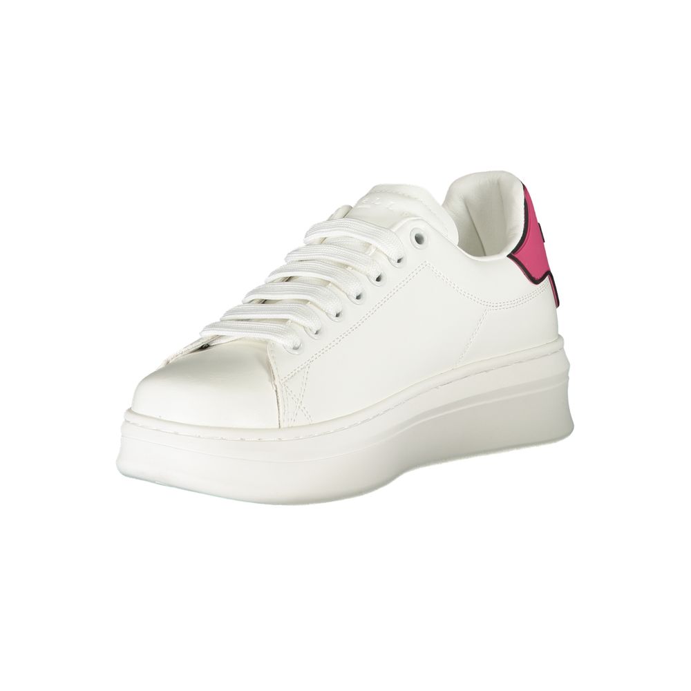 Gaelle Paris white polyurethane platform sneaker with a vibrant pink heel tab and matching laces.