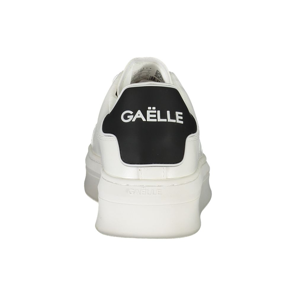 Gaelle Paris white polyurethane platform sneaker, featuring a black heel tab with white logo lettering.