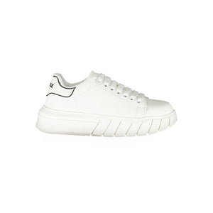 Gaelle Paris white polyurethane women’s lace-up sneaker with a thick, textured platform sole and black heel trim.