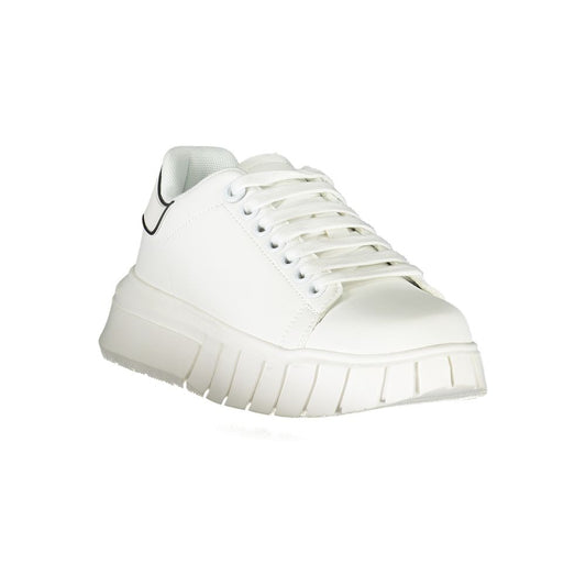 Gaelle Paris white polyurethane women's sneaker with lace-up closure and a chunky, ribbed platform sole.