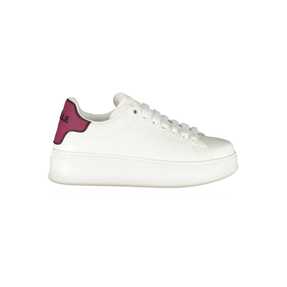 White polyurethane women's sneaker with lace-up closure, thick sole, and a deep red heel tab featuring Gaelle logo.