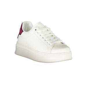 White polyurethane Gaelle Paris platform sneakers with a red heel tab and lace-up closure.