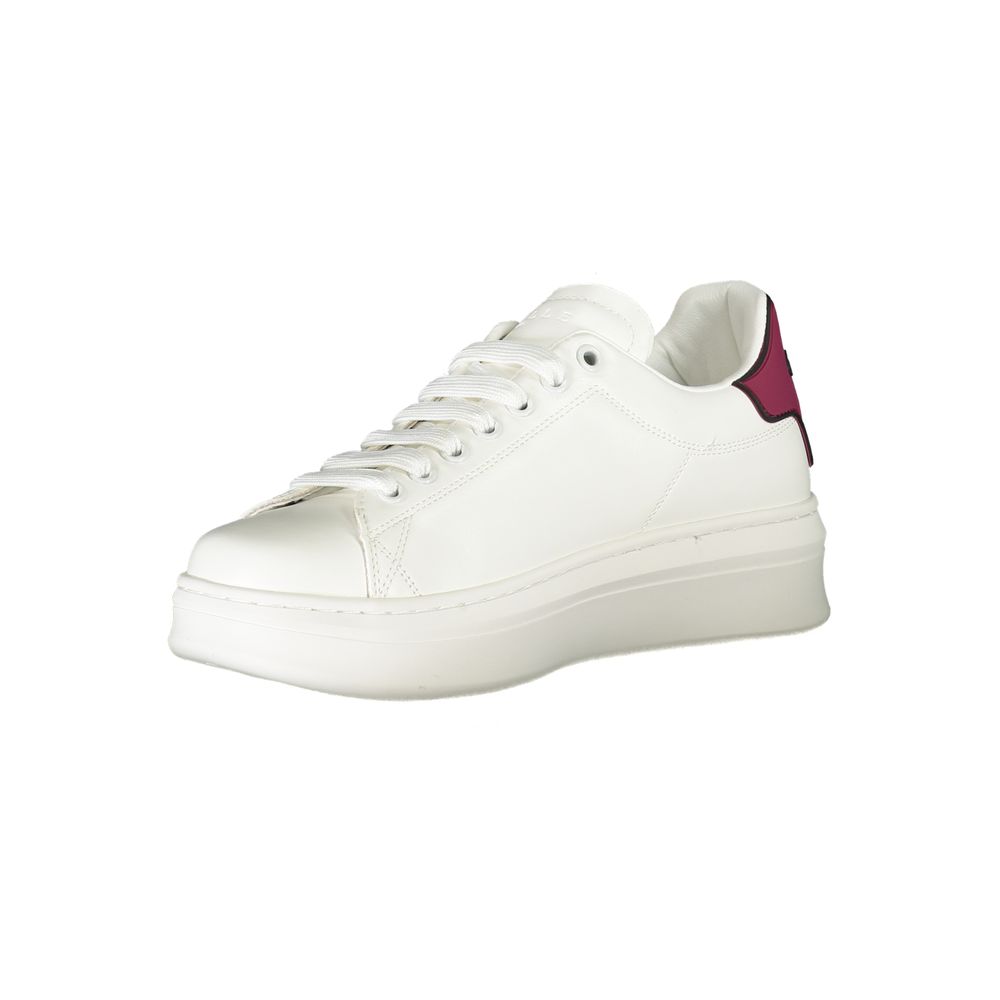 White polyurethane platform sneaker with white laces and a deep red accent on the heel tab.