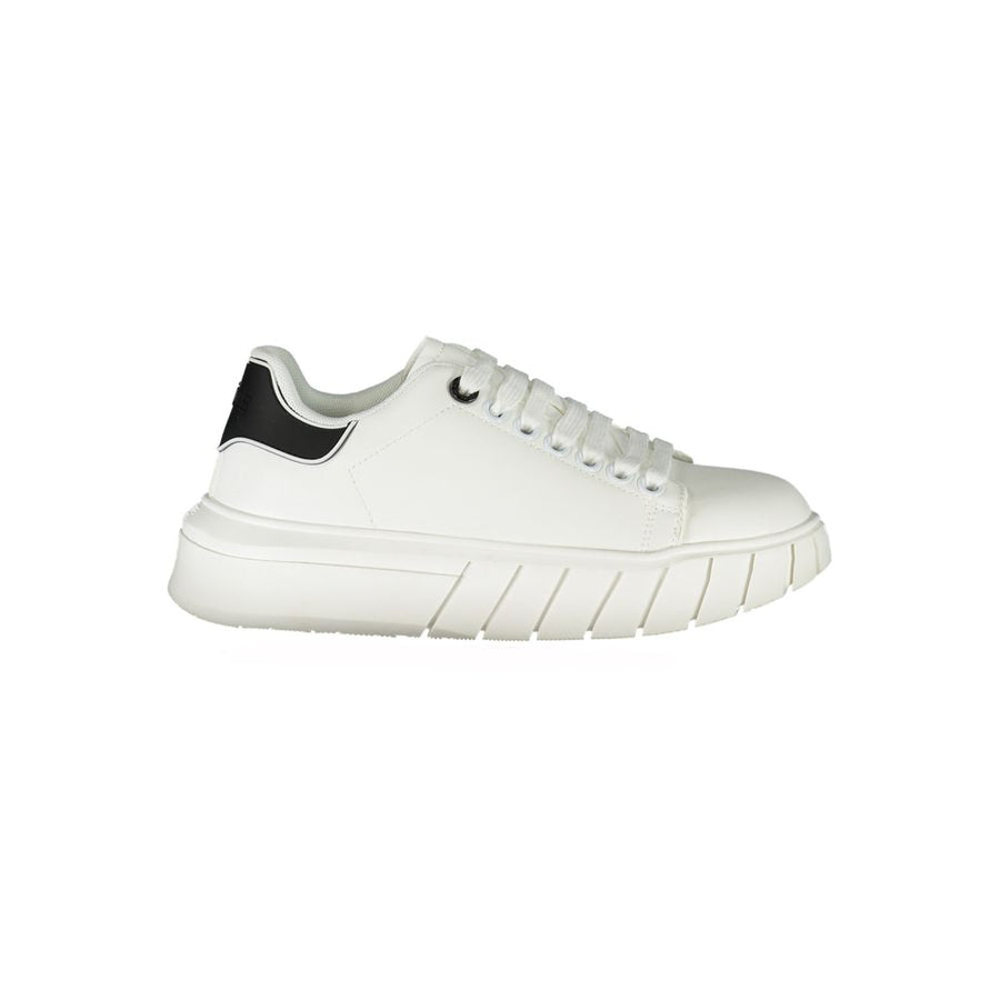 White polyurethane women's sneaker with lace-up closure, black heel tab detail, and thick, chunky white rubber sole.