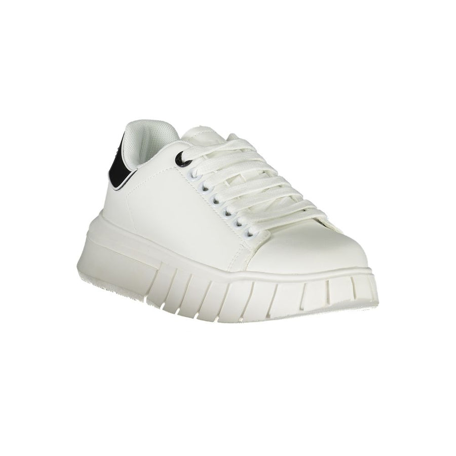 White polyurethane women's sneaker with lace-up closure, black heel tab detail, and thick, chunky white rubber sole.