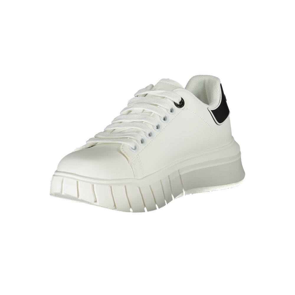 Gaelle Paris white polyurethane women’s lace-up sneaker with chunky grooved sole and black heel accent.