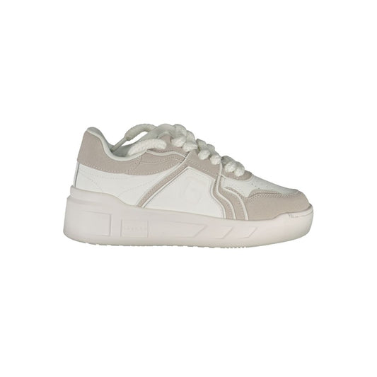 White and beige Gaelle Paris women's polyurethane sneakers with a chunky platform sole and thick lace-up design.