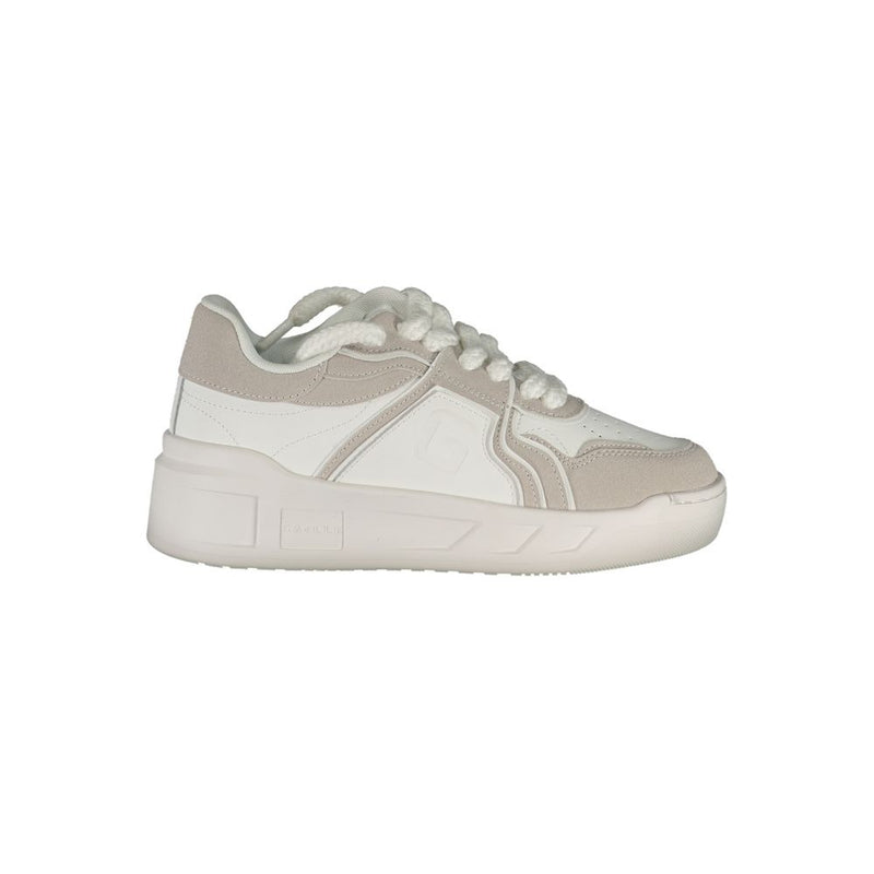 White and beige Gaelle Paris women's polyurethane sneakers with a chunky platform sole and thick lace-up design.