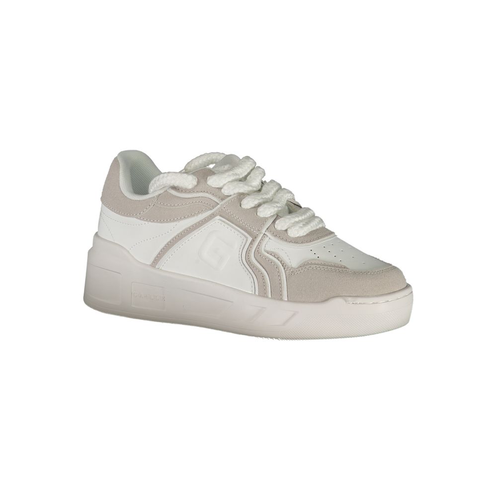 White Gaelle Paris women’s chunky polyurethane sneakers with suede overlays and thick, rounded white laces.