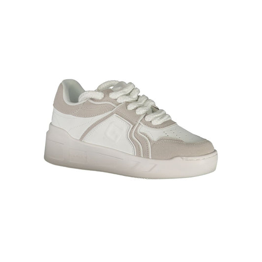 White Gaelle Paris women’s chunky polyurethane sneakers with suede overlays and thick, rounded white laces.