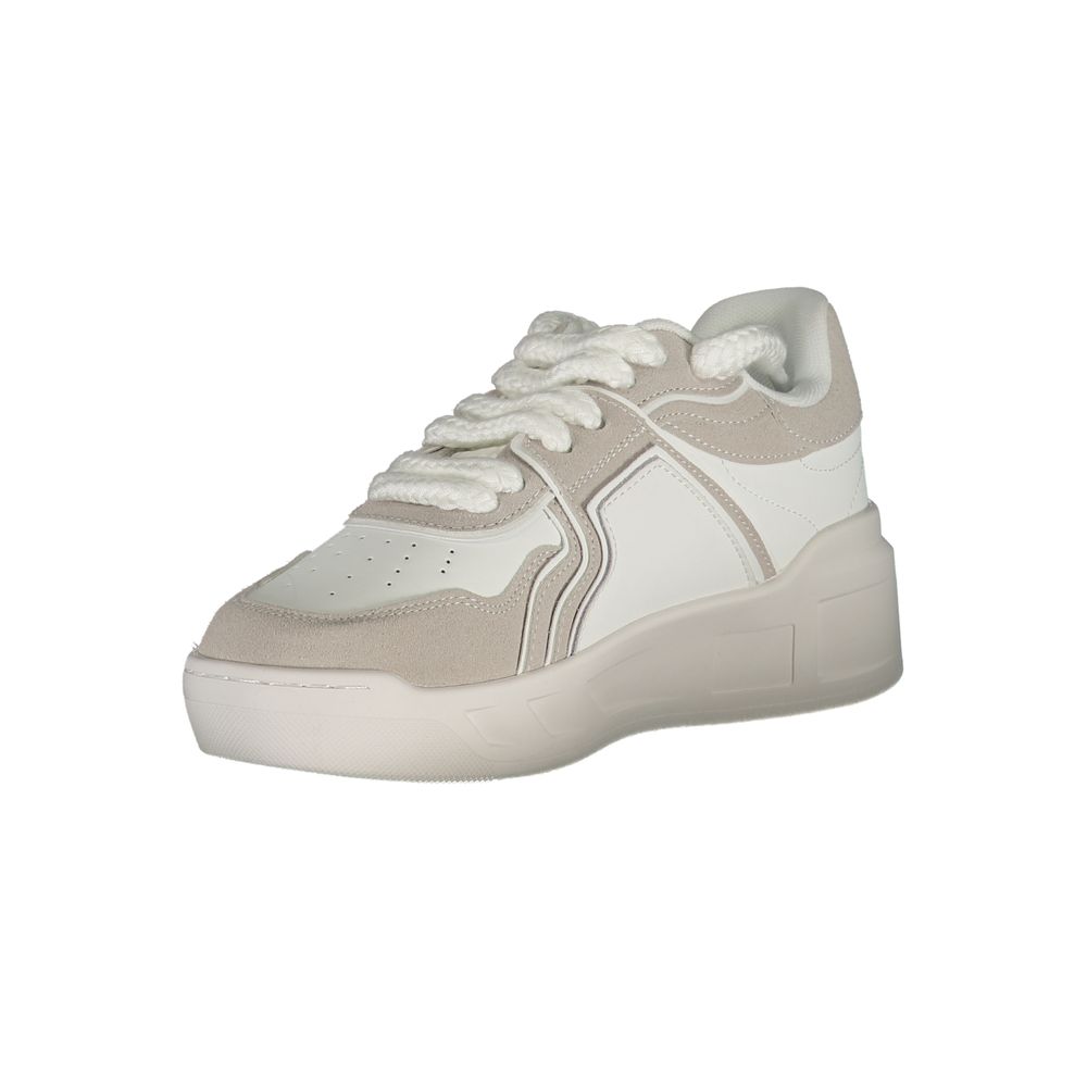 Gaelle Paris white polyurethane women's chunky platform sneaker with suede accents and thick rope laces.