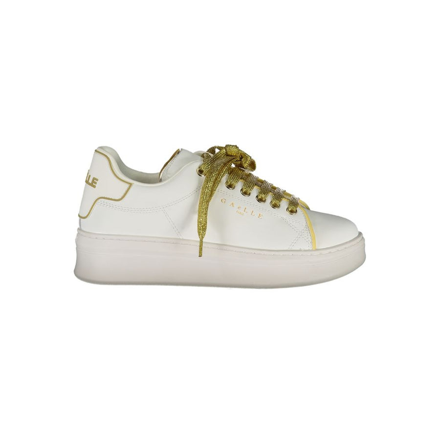 White polyurethane Gaelle Paris women's sneaker with a thick platform sole and metallic gold glitter laces.