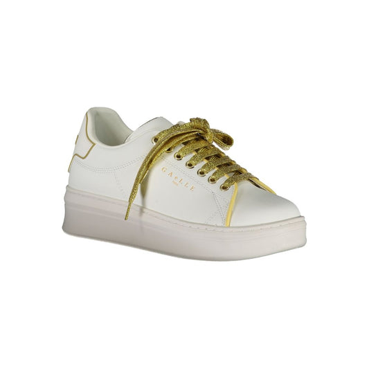 White Gaelle Paris polyurethane sneaker with platform sole and glittery gold laces.
