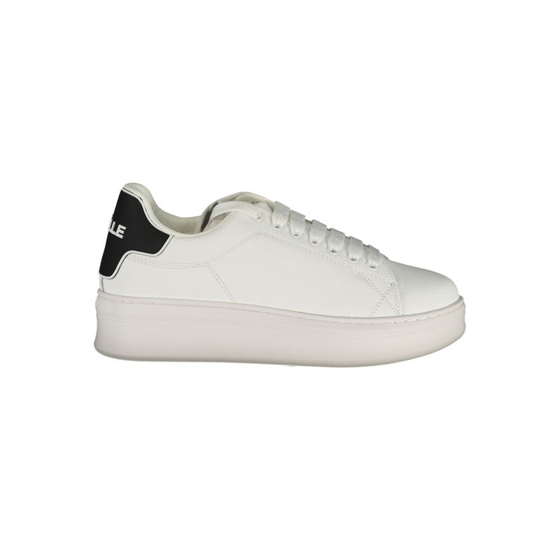 White polyurethane women's sneaker with a black heel tab and platform sole.