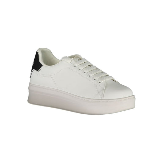 Gaelle Paris white polyurethane platform sneaker for women with a black heel tab detail.