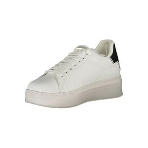 White polyurethane platform sneakers for women by Gaelle Paris, featuring a black heel accent and white laces.