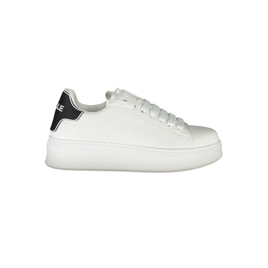 Gaelle Paris white polyurethane women's platform sneaker with a black heel tab and lace-up closure.