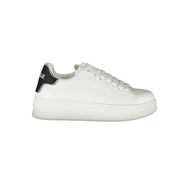 Gaelle Paris white polyurethane women's platform sneaker with a black heel tab and lace-up closure.