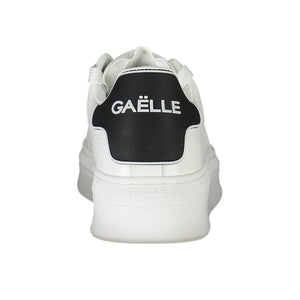 White Gaelle Paris polyurethane sneaker with a chunky platform sole and black branded heel tab.