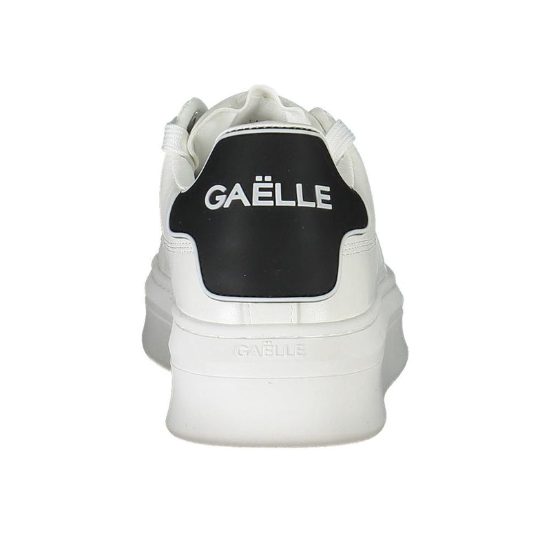 White Gaelle Paris polyurethane sneaker with a chunky platform sole and black branded heel tab.