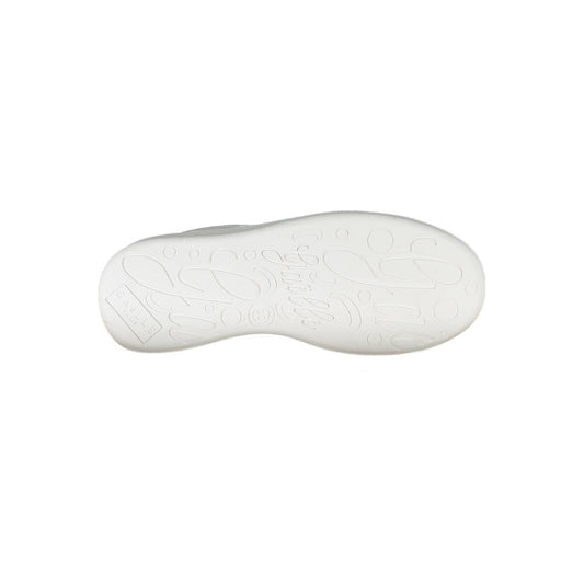 Bottom view of a Gaelle Paris white polyurethane sneaker with branded textured sole pattern.