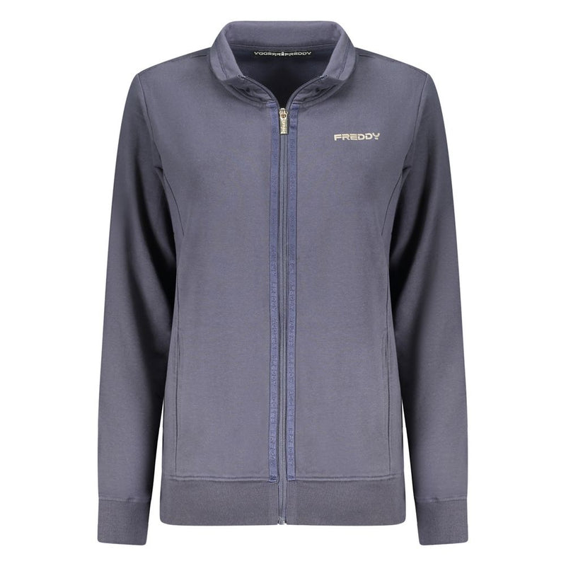 Blue cotton women zip-up sweatshirt with a stand collar and gold Freddy logo on the chest