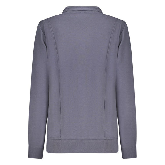 Back view of a blue cotton women sweatshirt with a high collar and ribbed hem