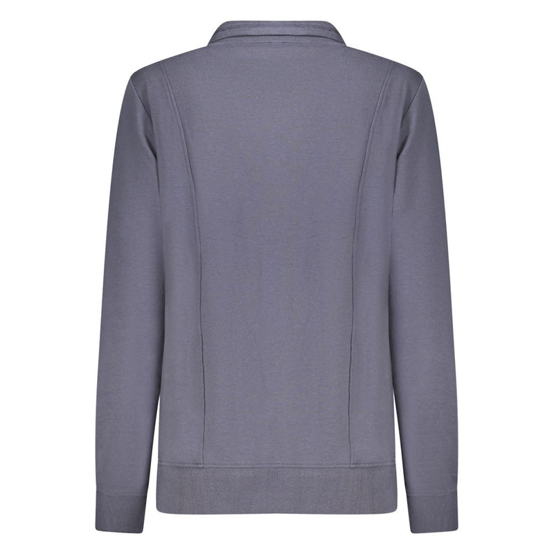 Back view of a blue cotton women sweatshirt with a high collar and ribbed hem