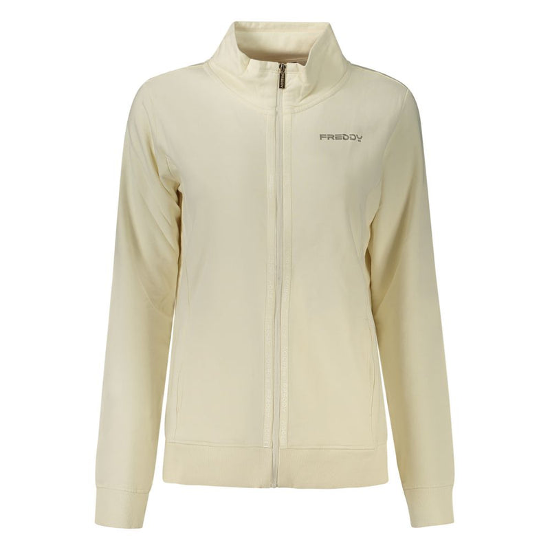 White cotton zip-up women's sweatshirt with a high collar and Freddy logo on the chest