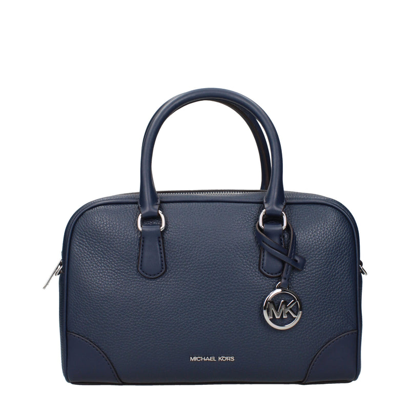 Dark blue pebbled leather satchel handbag with dual top handles and silver MK logo charm